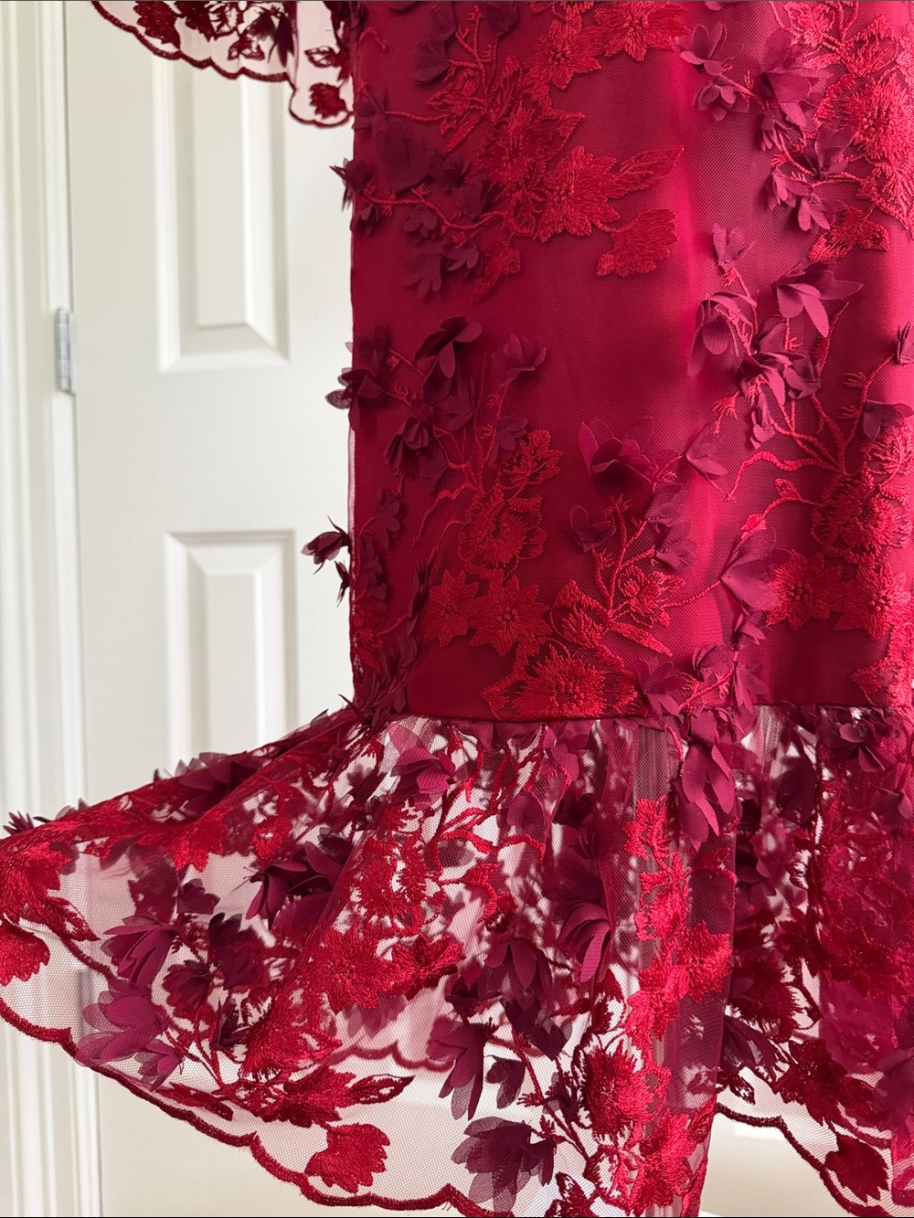 Marchesa Notte Red Lace Midi Dress 3d Floral Appliqué Mesh Wedding Guest Size 10 - Picture 7 of 17